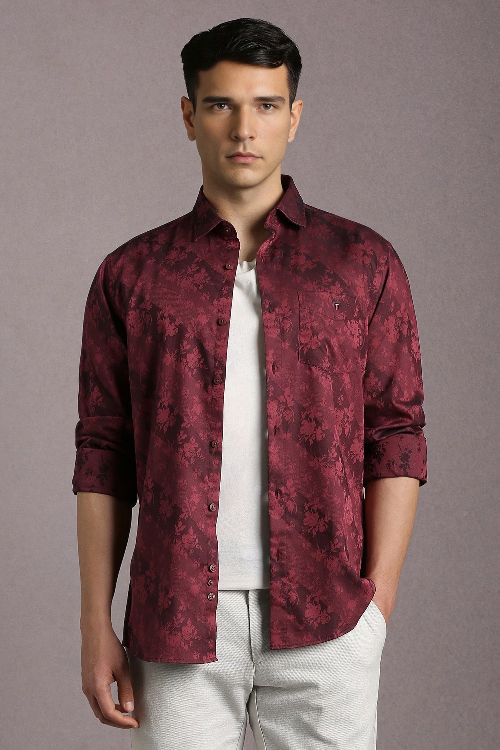 Men Maroon Print Full Sleeves Casual Shirt-Maroon