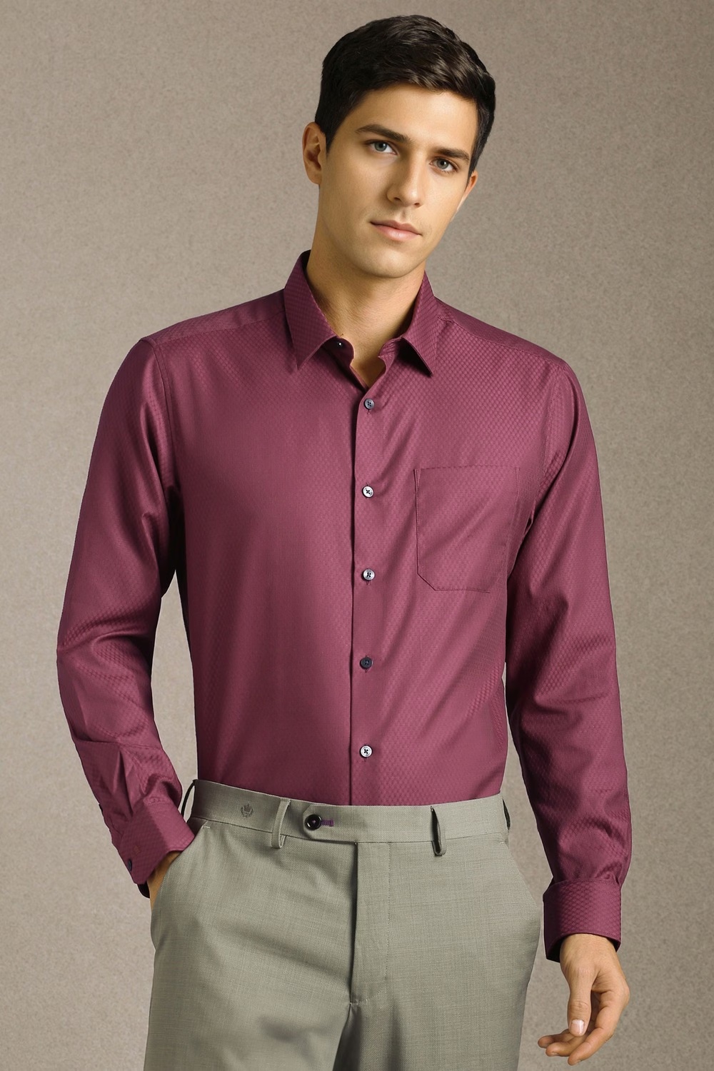 Men Maroon Textured Full Sleeves Formal Shirt-Maroon