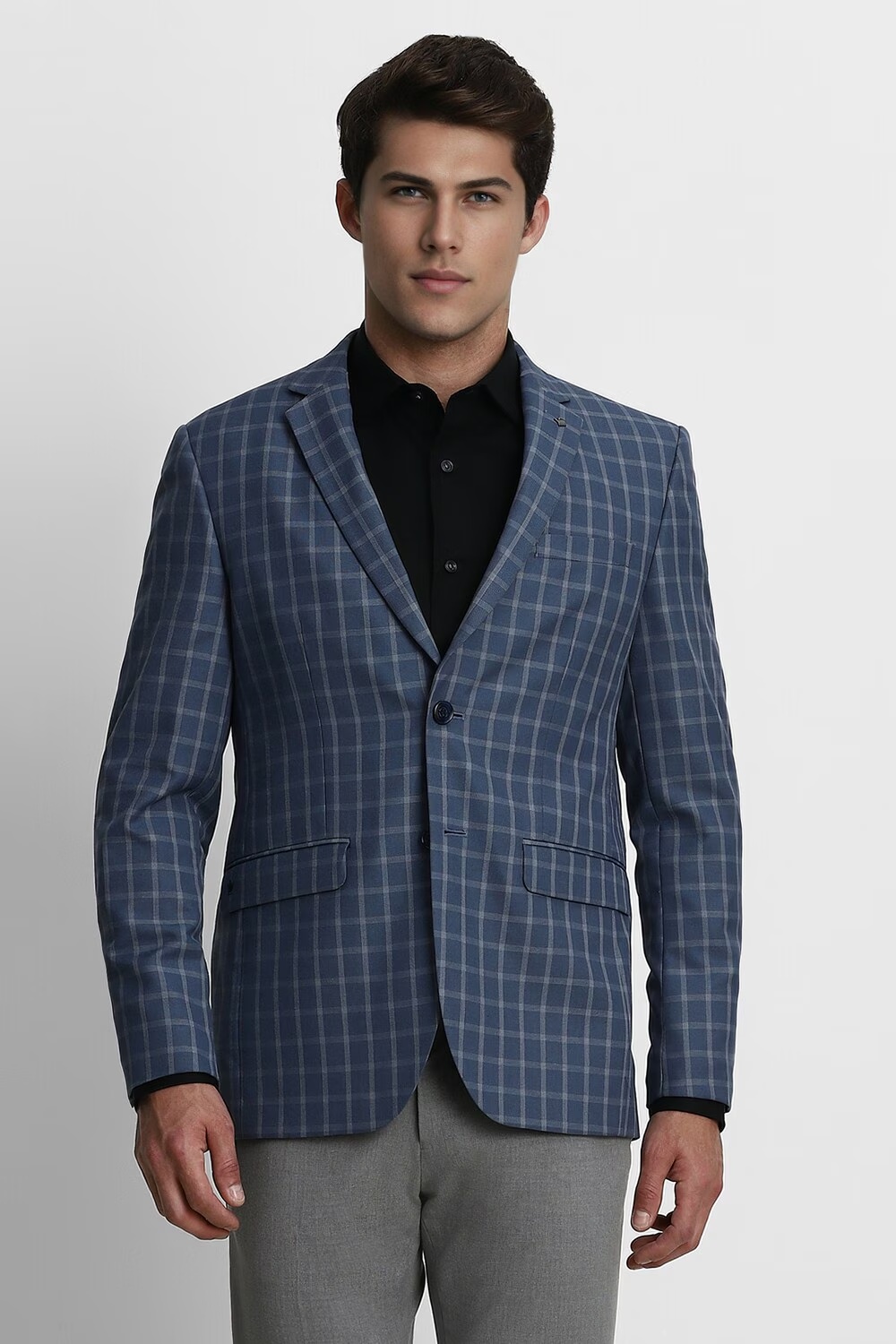 Men Blue Slim Fit Check Formal Blazer-Blue