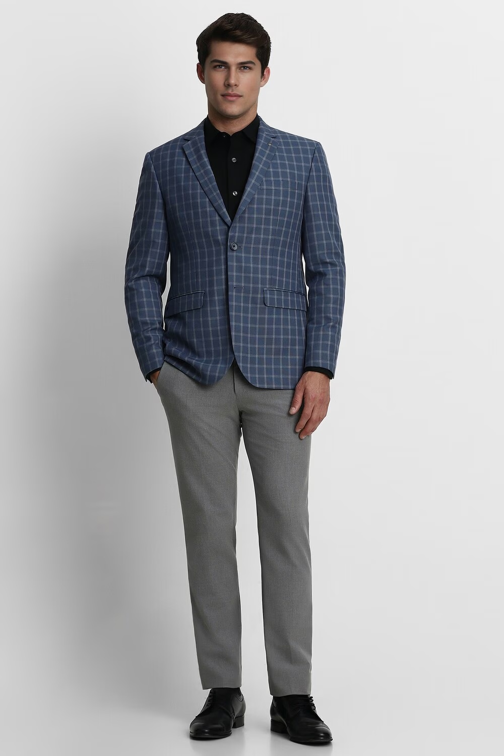 Men Blue Slim Fit Check Formal Blazer-Blue