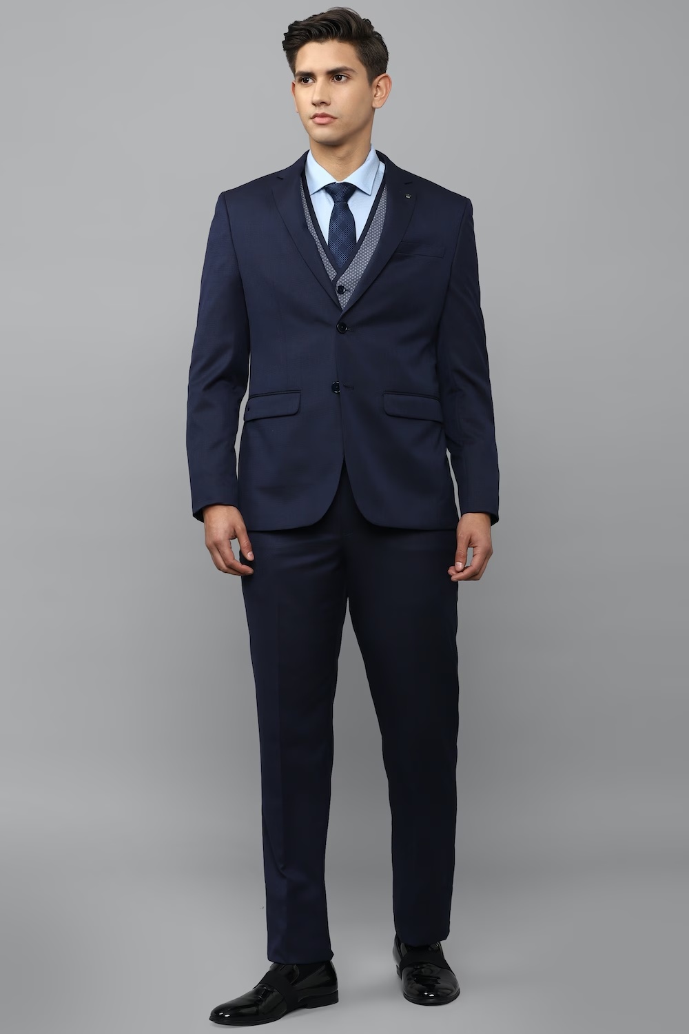 Men Navy Slim Fit Textured Formal Three Piece Suit-Navy