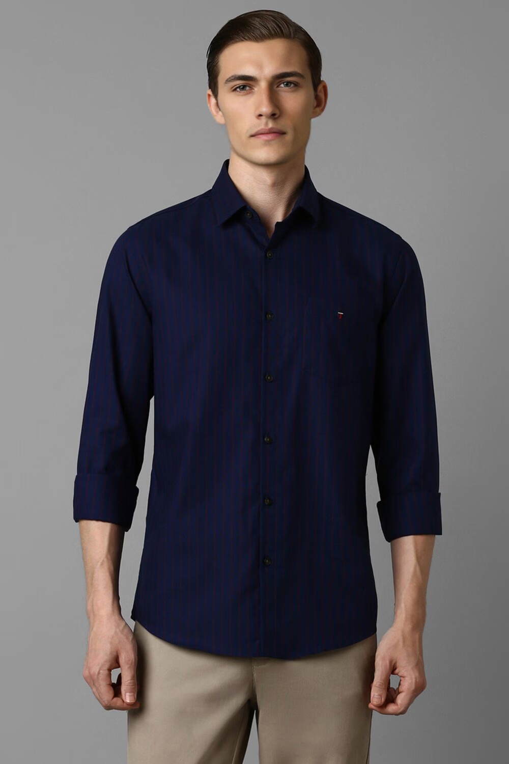 Men Navy Slim Fit Stripe Full Sleeves Casual Shirt-Navy