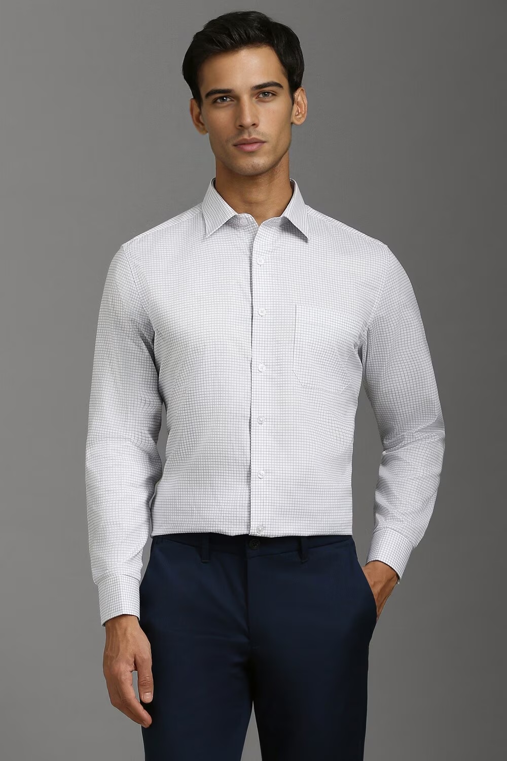 Men White Slim Fit Check Full Sleeves Formal Shirt-White
