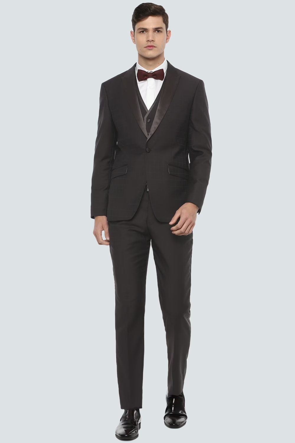 Men Brown Slim Fit Check Party Three Piece Suit-Brown