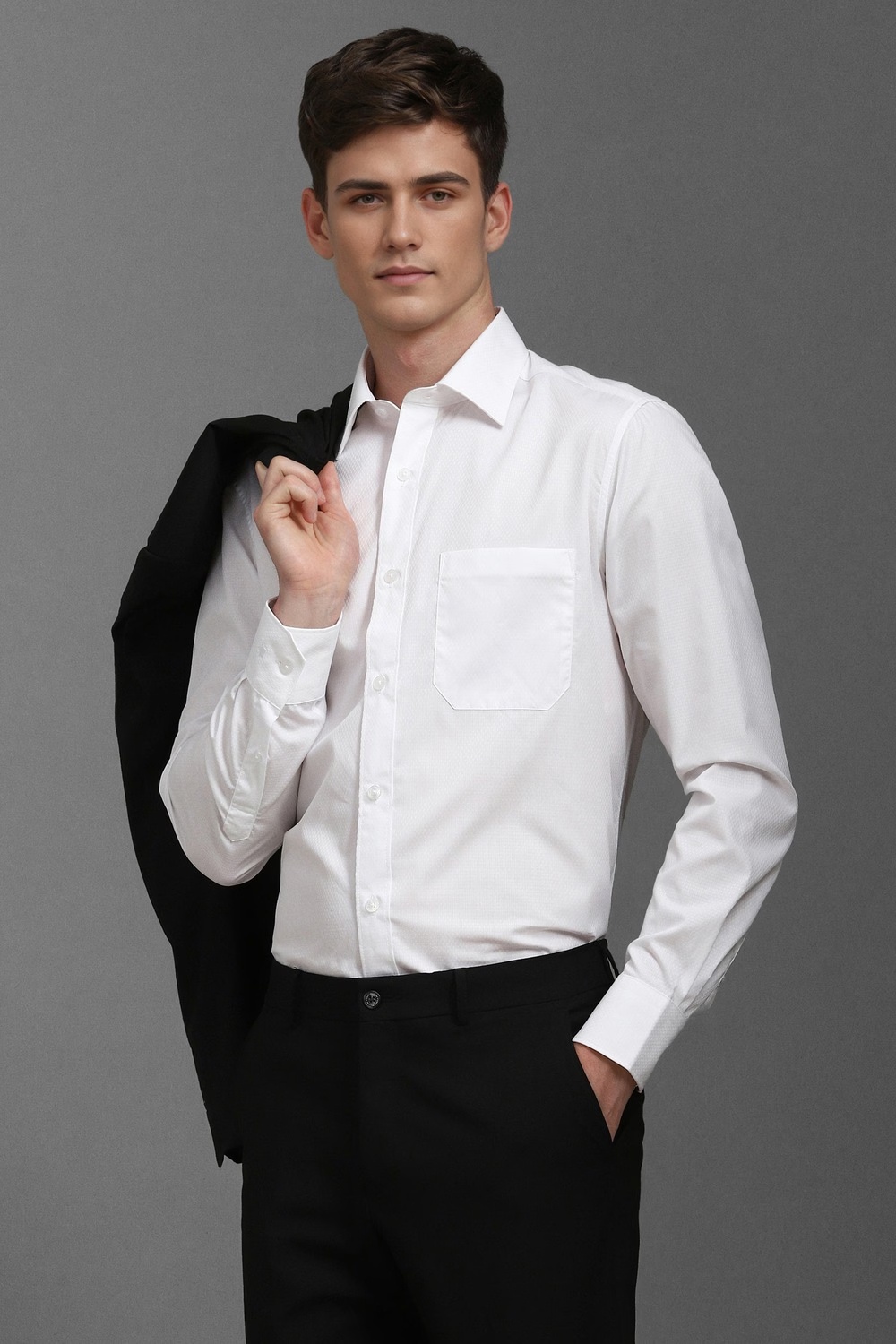 Men White Classic Fit Textured Full Sleeves Formal Shirt-White