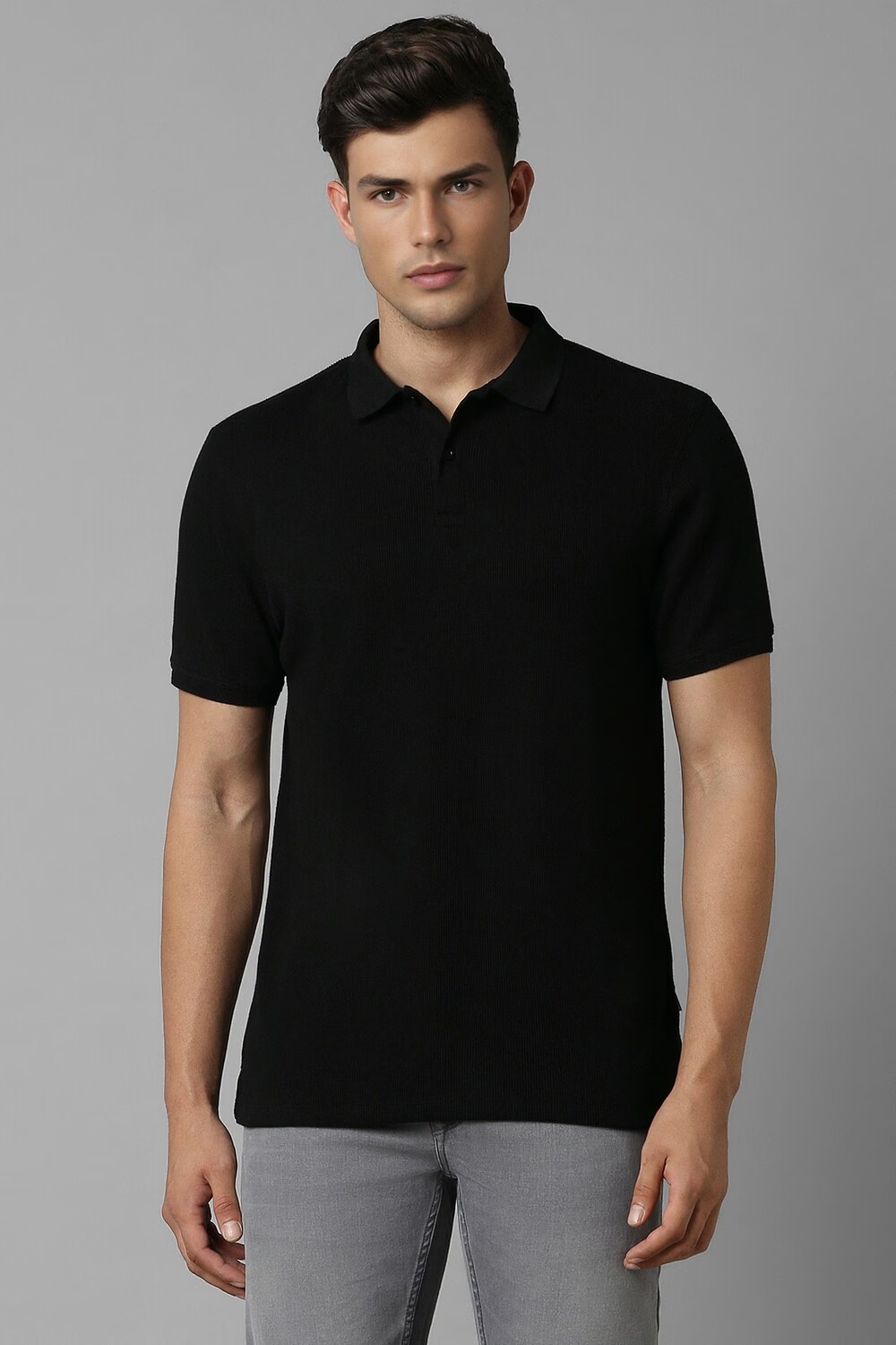 Men Black Textured Polo Neck T-shirt-Black