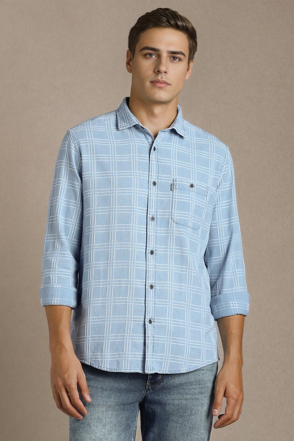 Men Light Blue Check Full Sleeves Casual Shirt-Light Blue