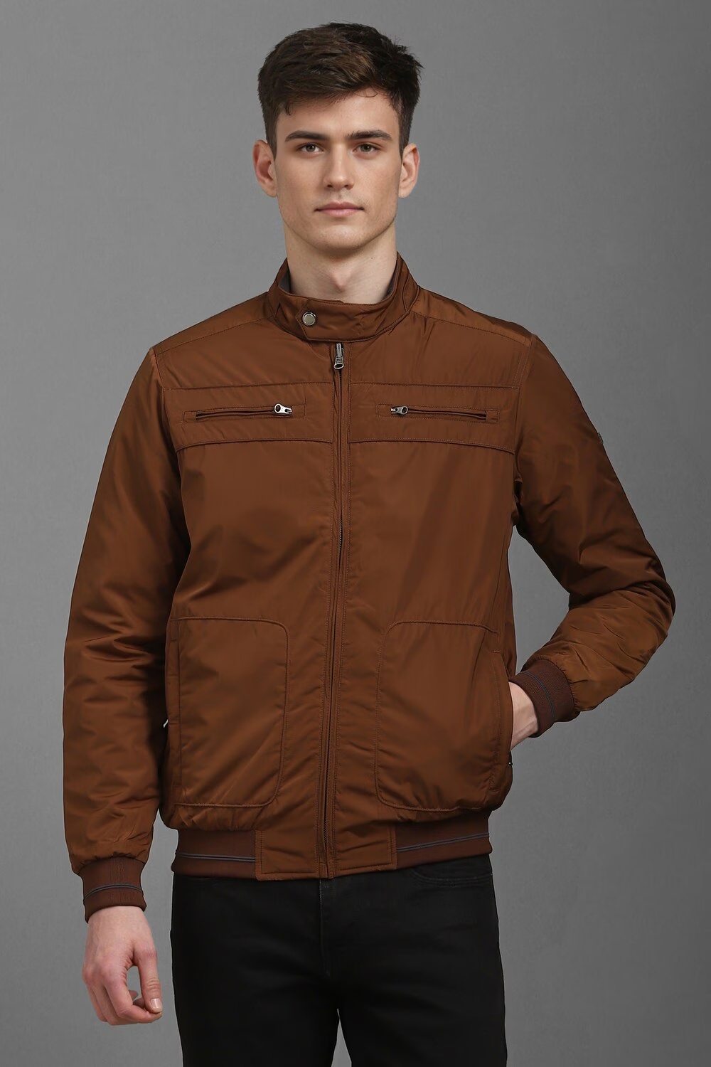 Men Casual Brown Solid Jackets-Brown