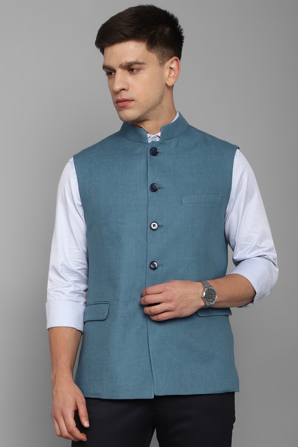 Men Blue Textured Slim Fit Party Nehru Jacket-Blue