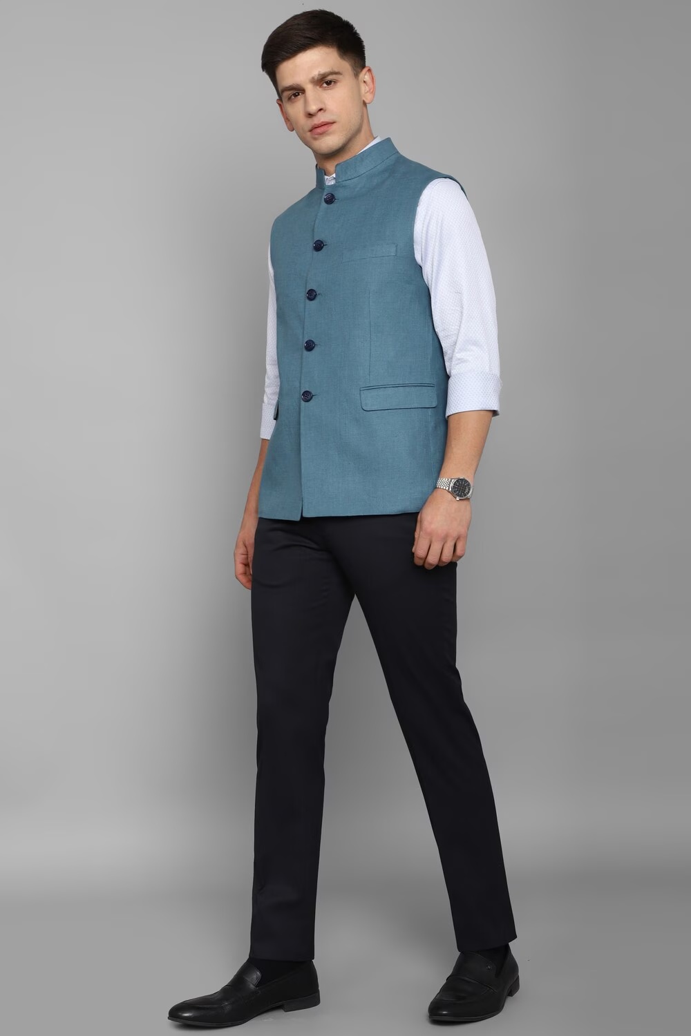 Men Blue Textured Slim Fit Party Nehru Jacket-Blue