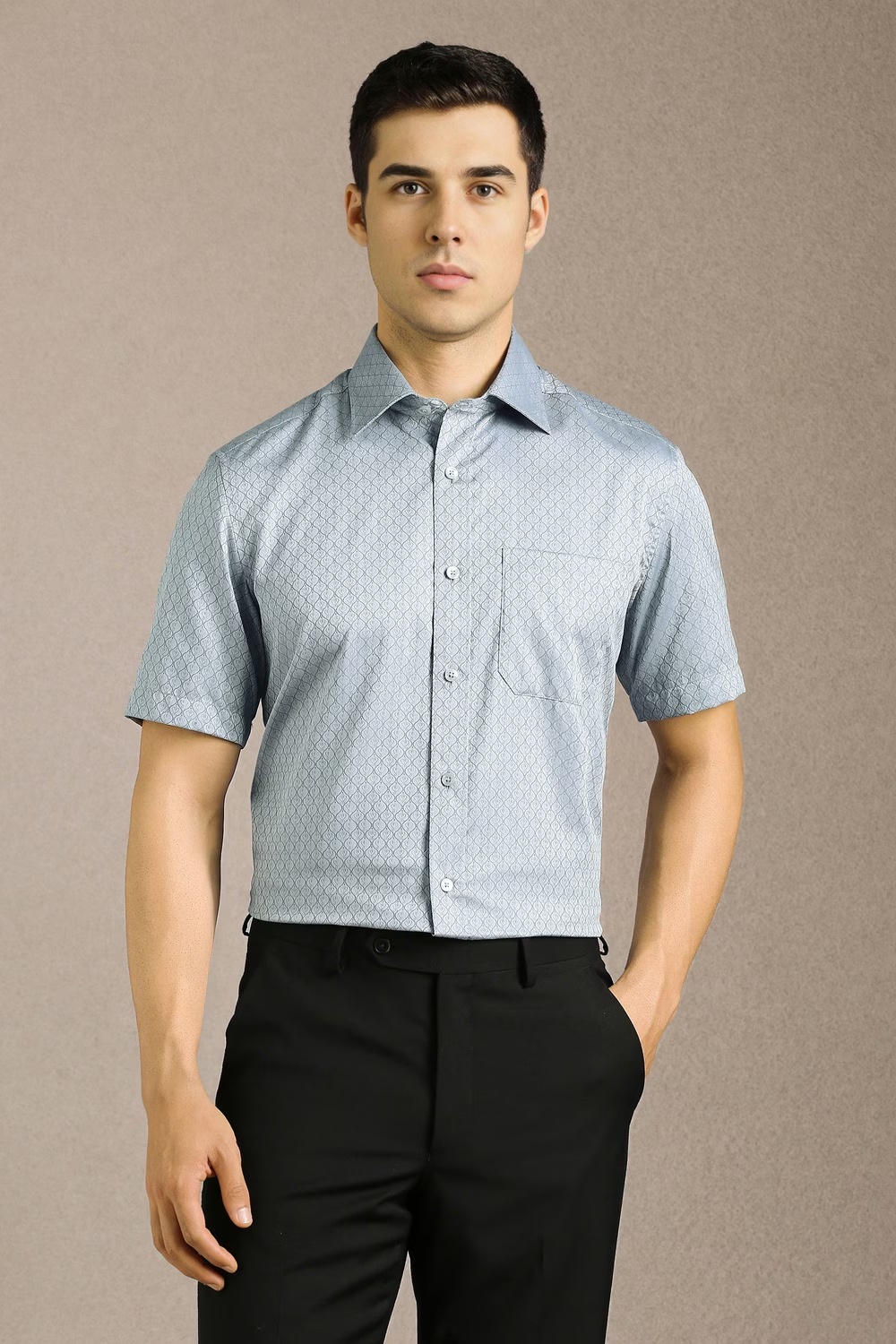 Men Grey Textured Half Sleeves Formal Shirt-Grey