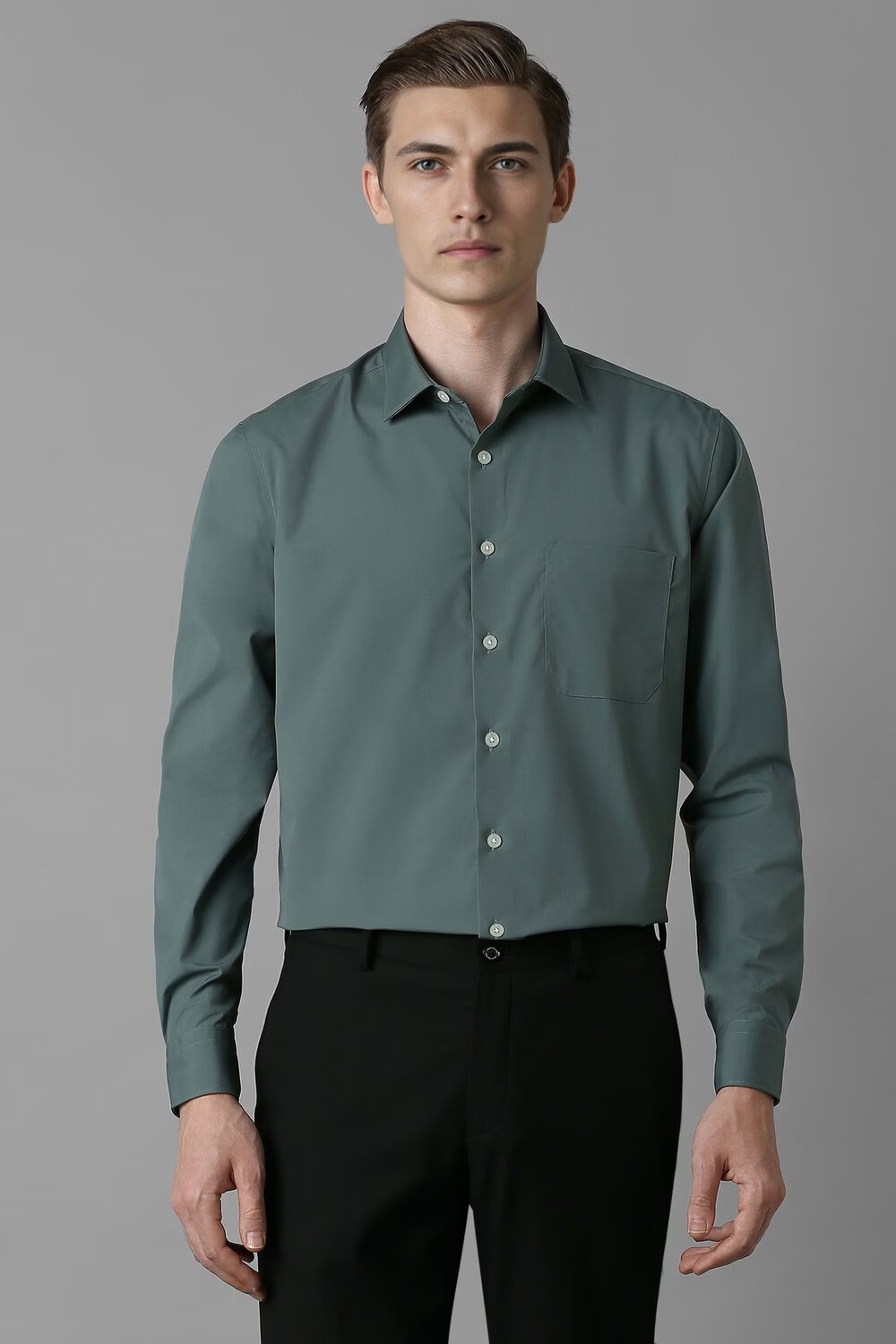 Men Green Slim Fit Solid Full Sleeves Formal Shirt-Green