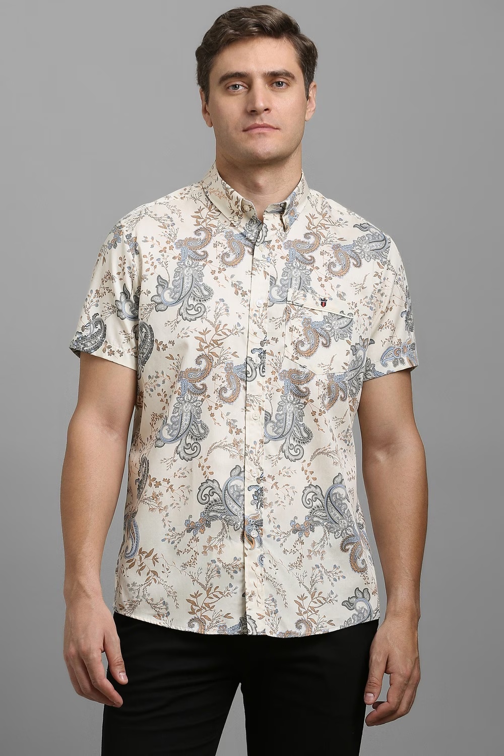 Men Beige Print Half Sleeves Casual Shirt-Beige