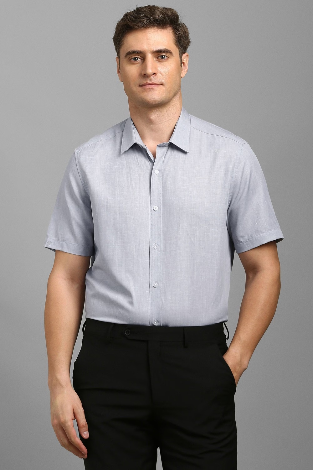 Men Grey Textured Half Sleeves Formal Shirt-Grey