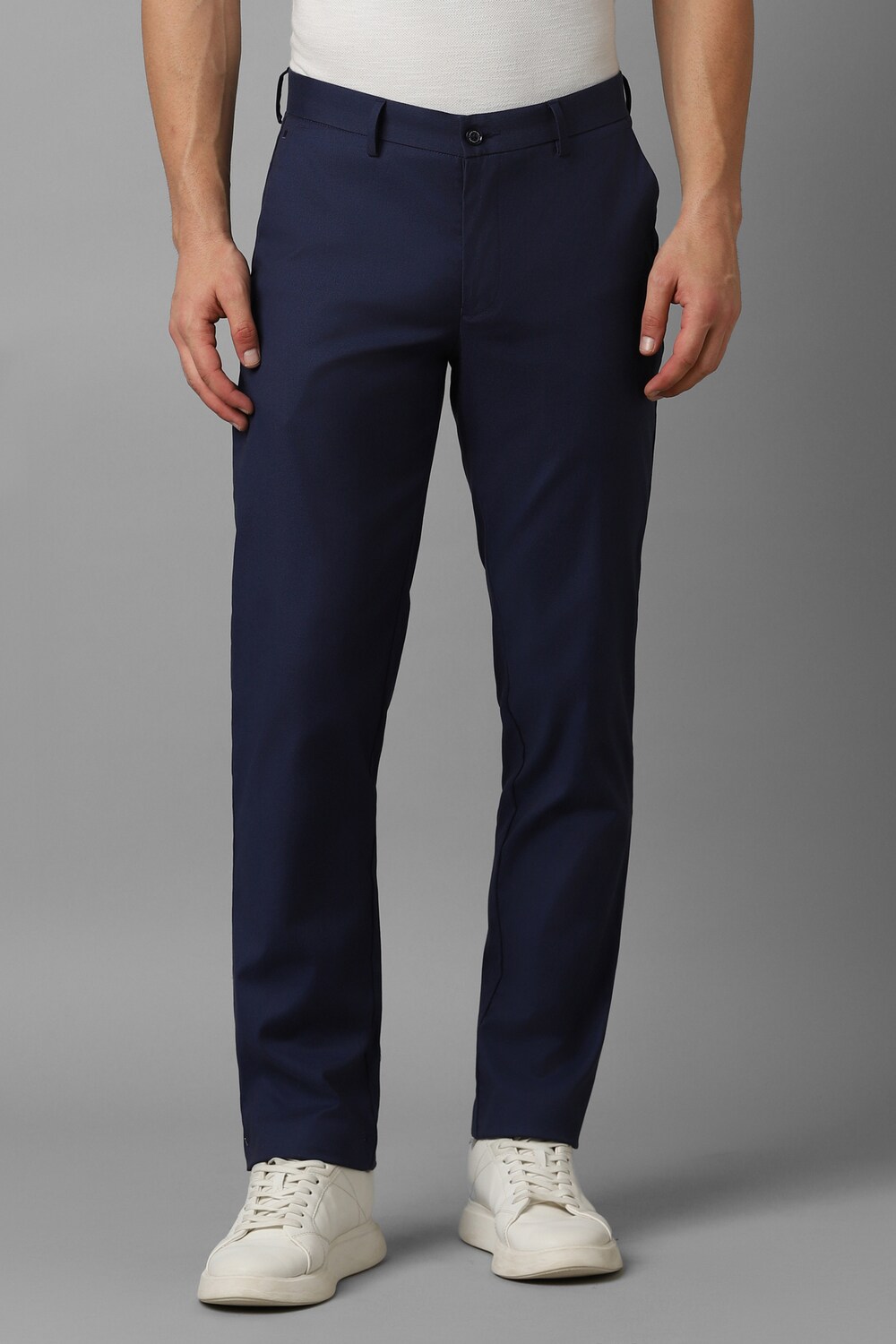 Men Navy Slim Fit Solid Flat Front Formal Trousers-Navy
