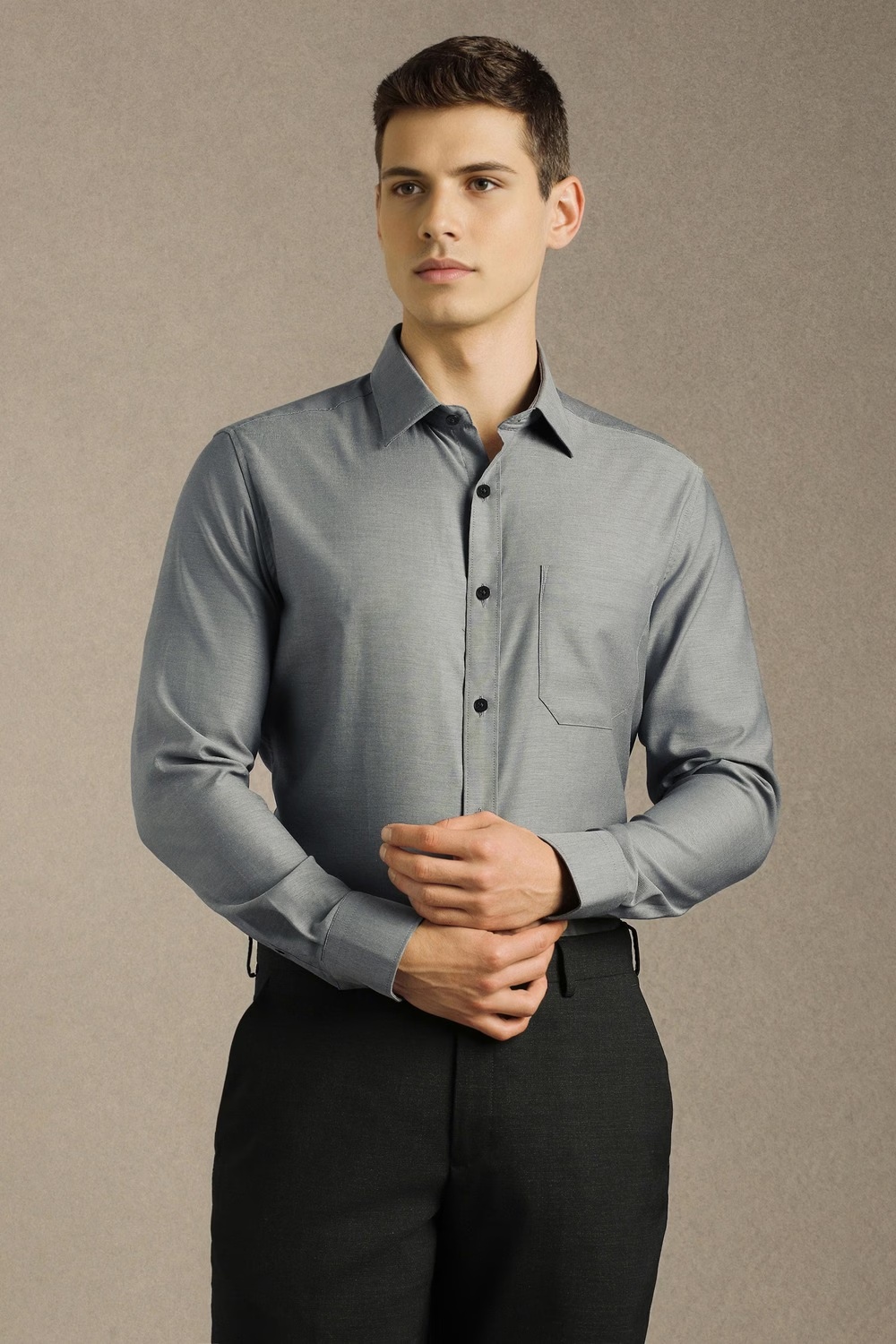 Men Grey Textured Full Sleeves Formal Shirt-Grey