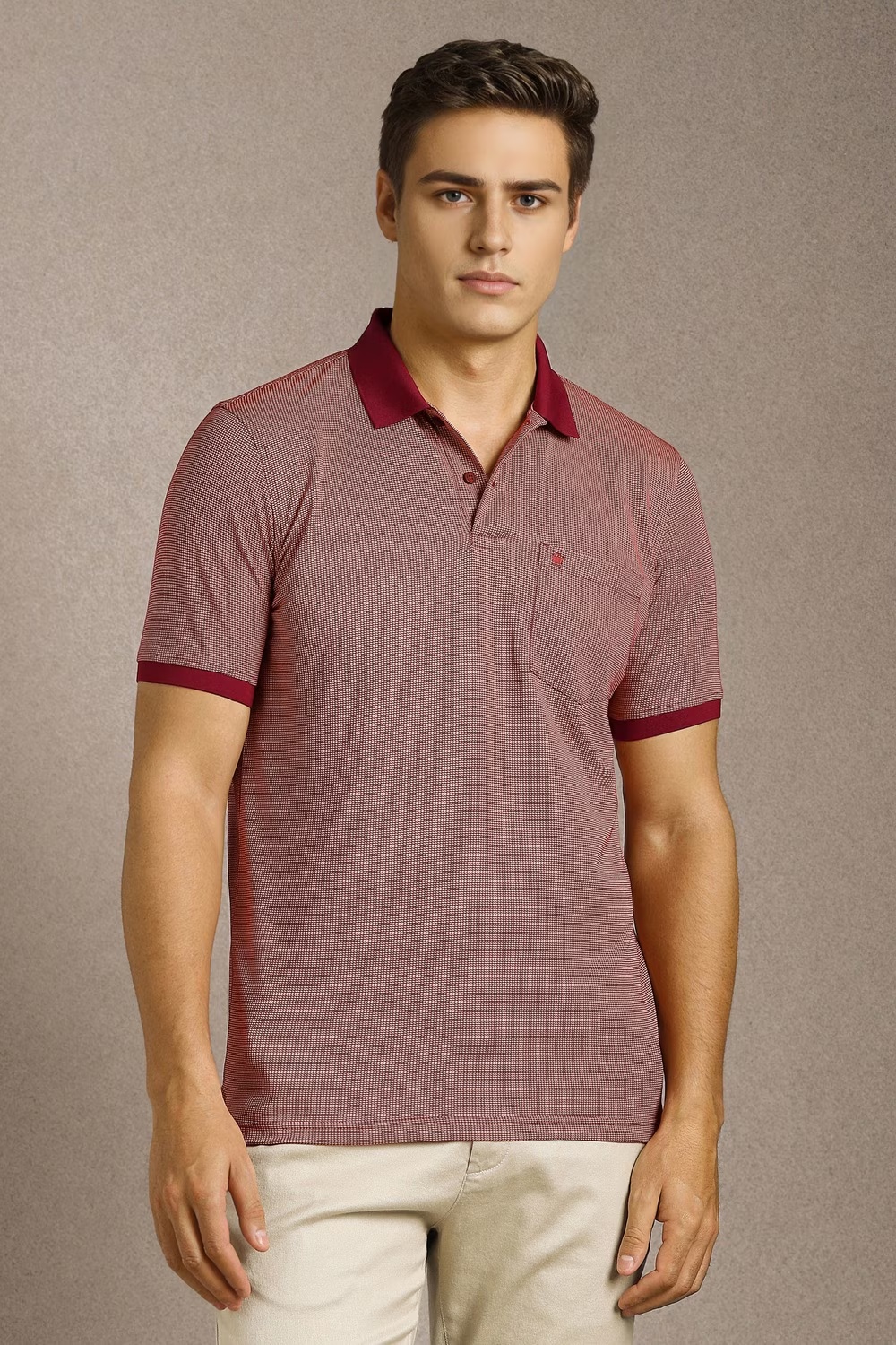 Men Maroon Print Polo Neck T-shirt-Maroon
