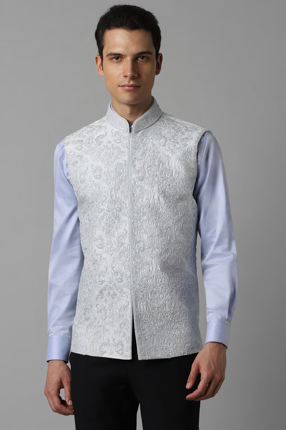 Men Grey Embroidered Slim Fit Party Nehru Jacket-Grey