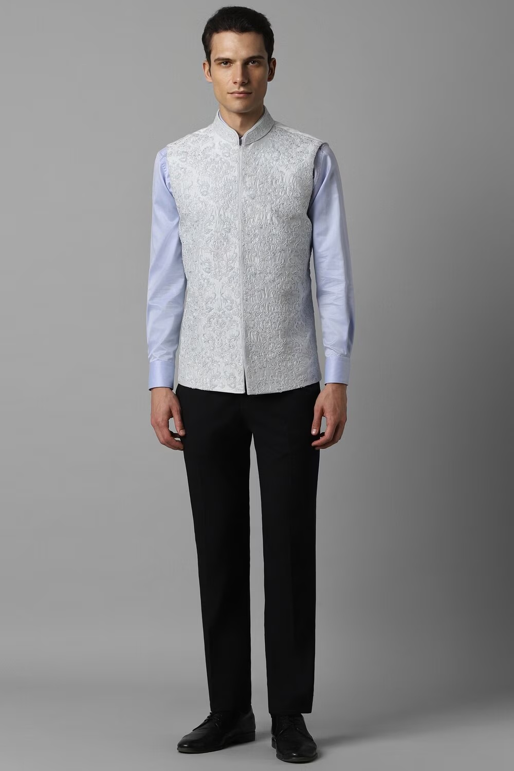 Men Grey Embroidered Slim Fit Party Nehru Jacket-Grey