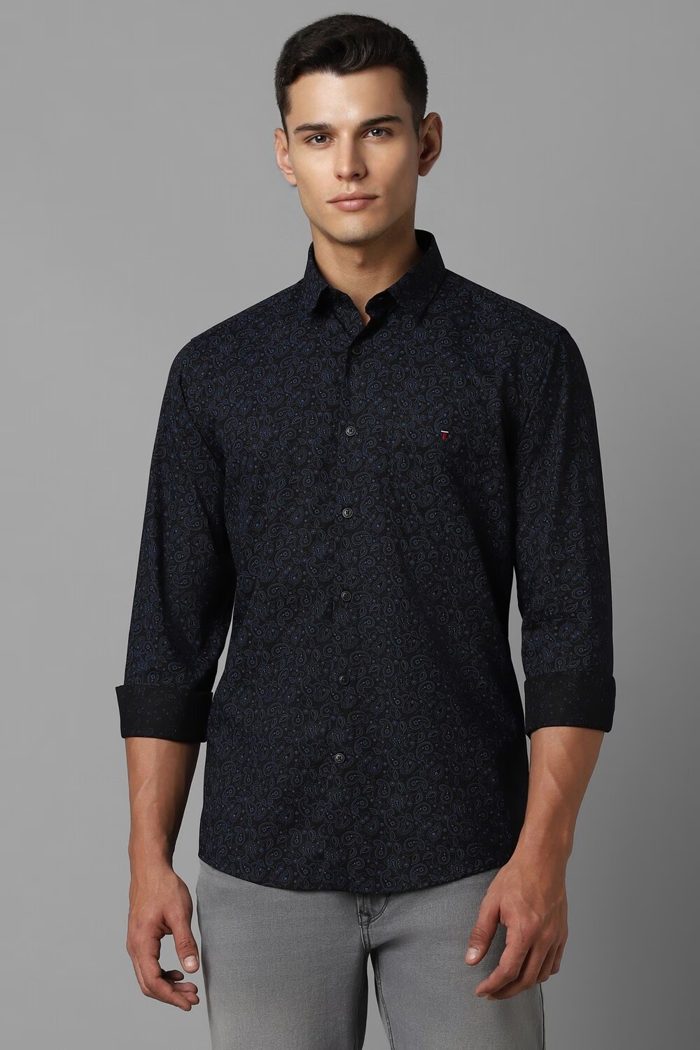 Men Black Slim Fit Print Full Sleeves Casual Shirt-Black