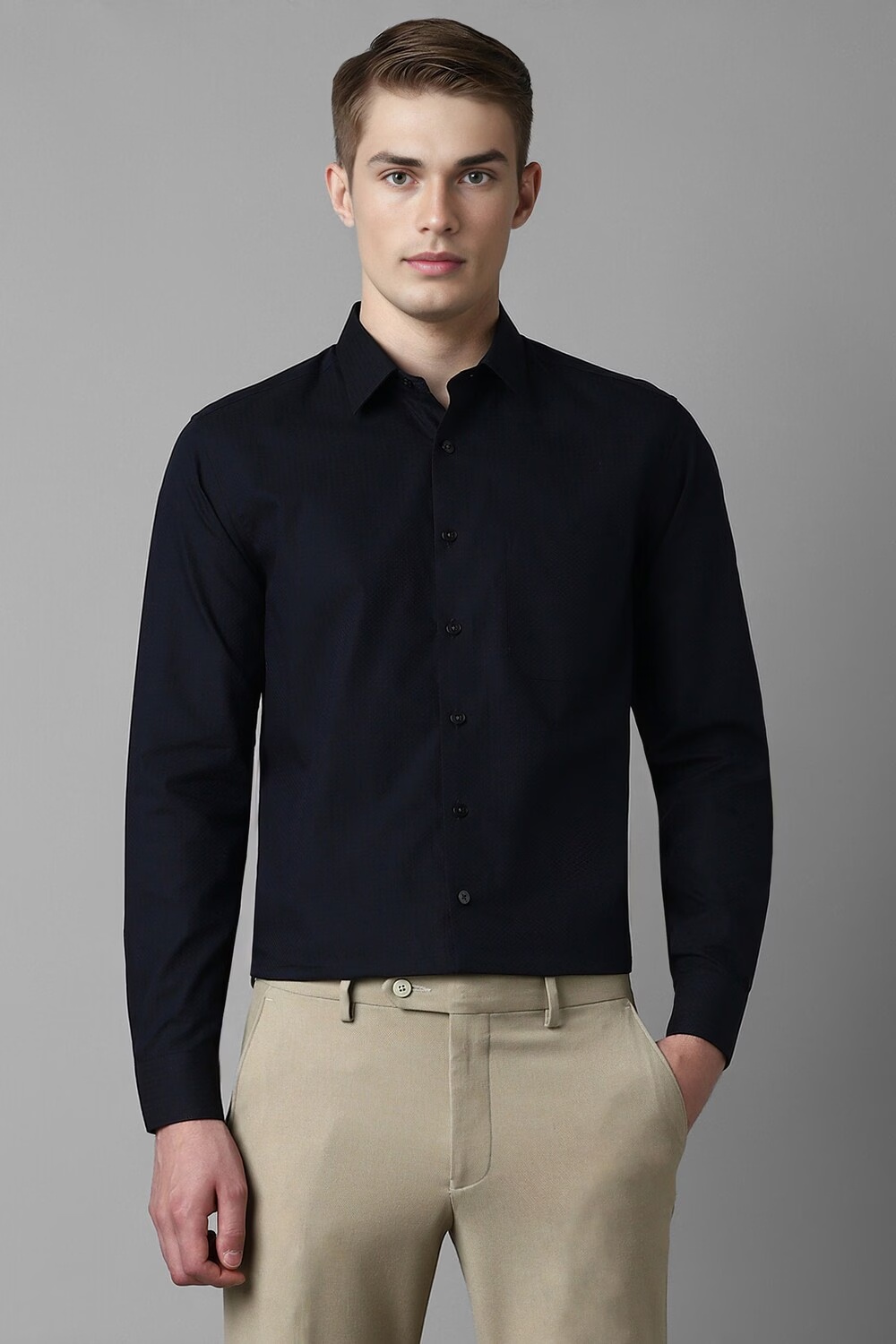 Men Navy Slim Fit Print Full Sleeves Formal Shirt-Navy
