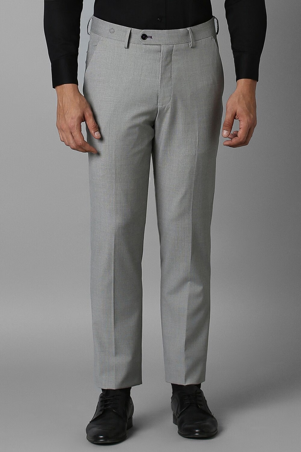 Men Grey Slim Fit Check Flat Front Formal Trousers-Grey