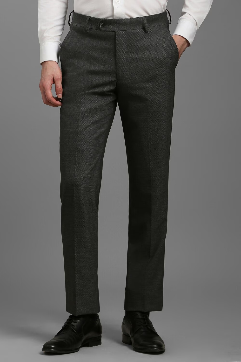 Men Grey Slim Fit Textured Flat Front Formal Trousers-Grey