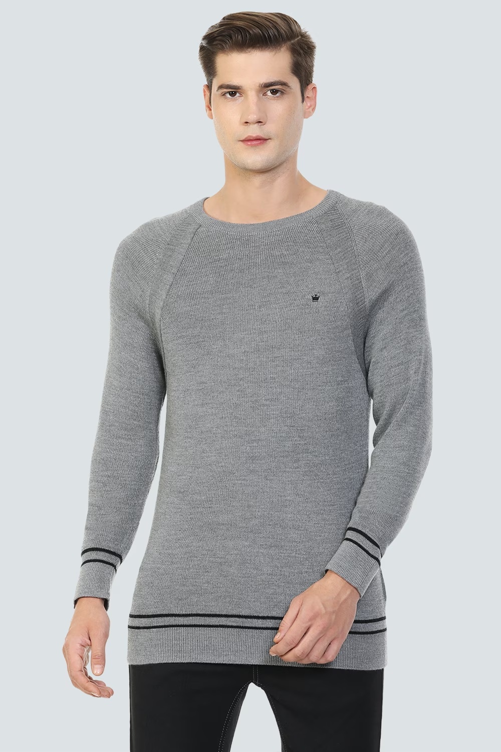 Men Grey Solid Crew Neck Full Sleeves Sweater-Grey
