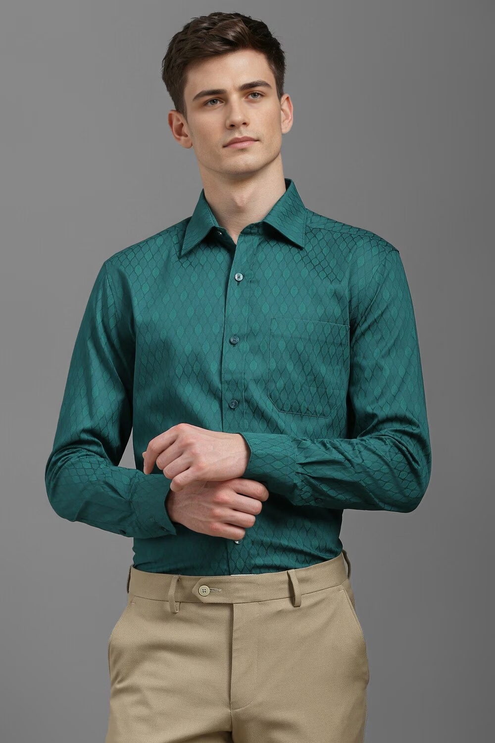 Men Green Classic Fit Print Full Sleeves Formal Shirt-Green