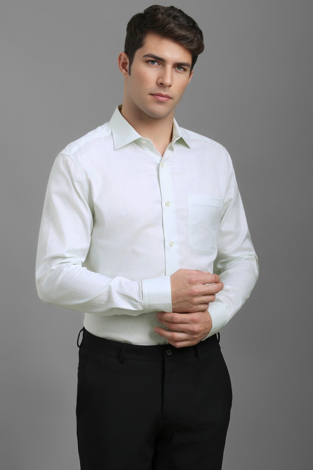 Men Green Classic Fit Textured Full Sleeves Formal Shirt-Green