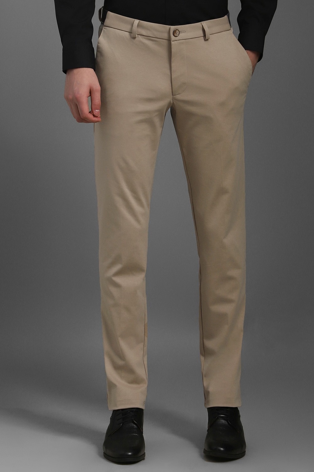 Men Khaki Contemporary Fit Textured Flat Front Casual Trousers-Khaki
