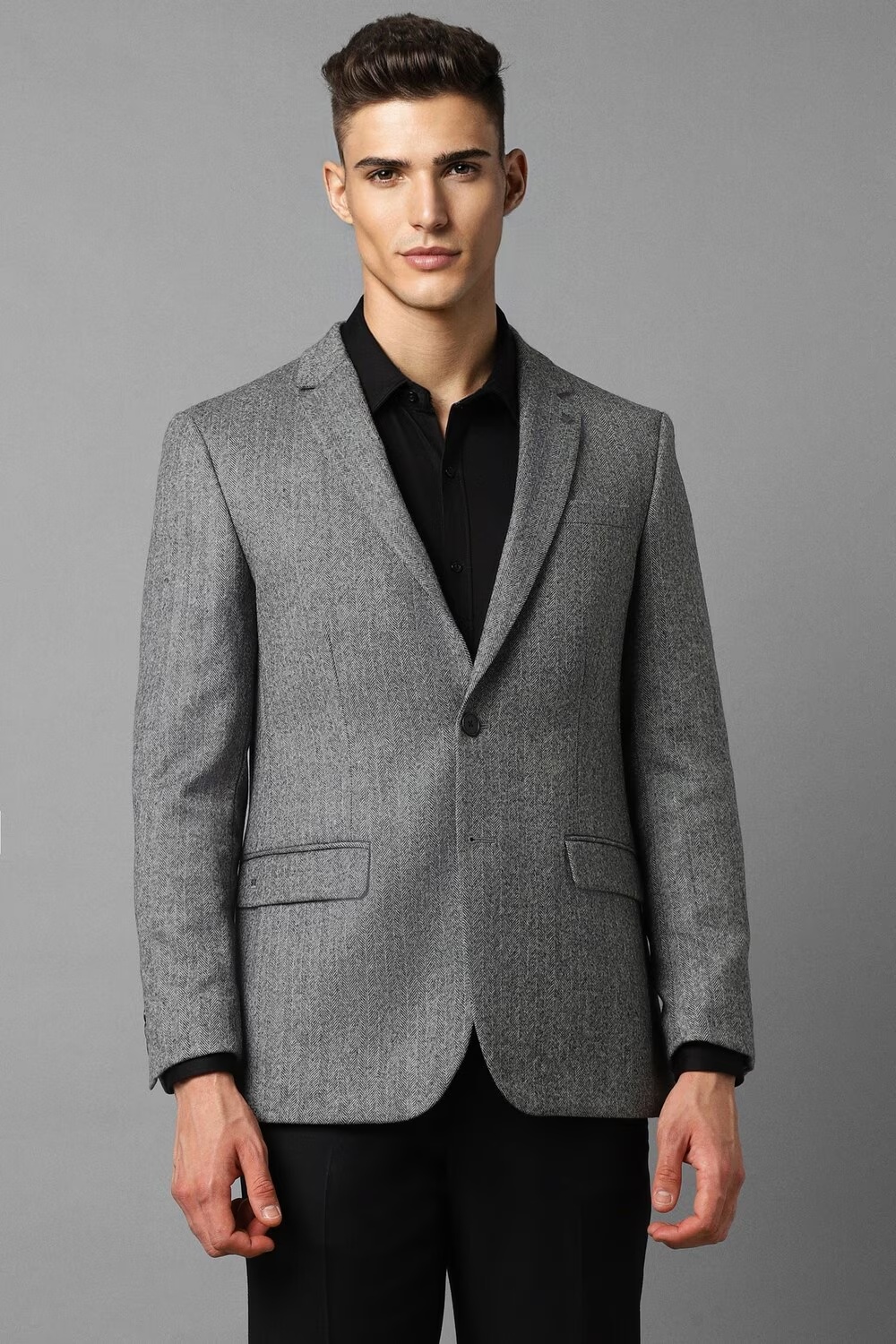 Men Grey Regular Fit Textured Formal Blazer-Grey