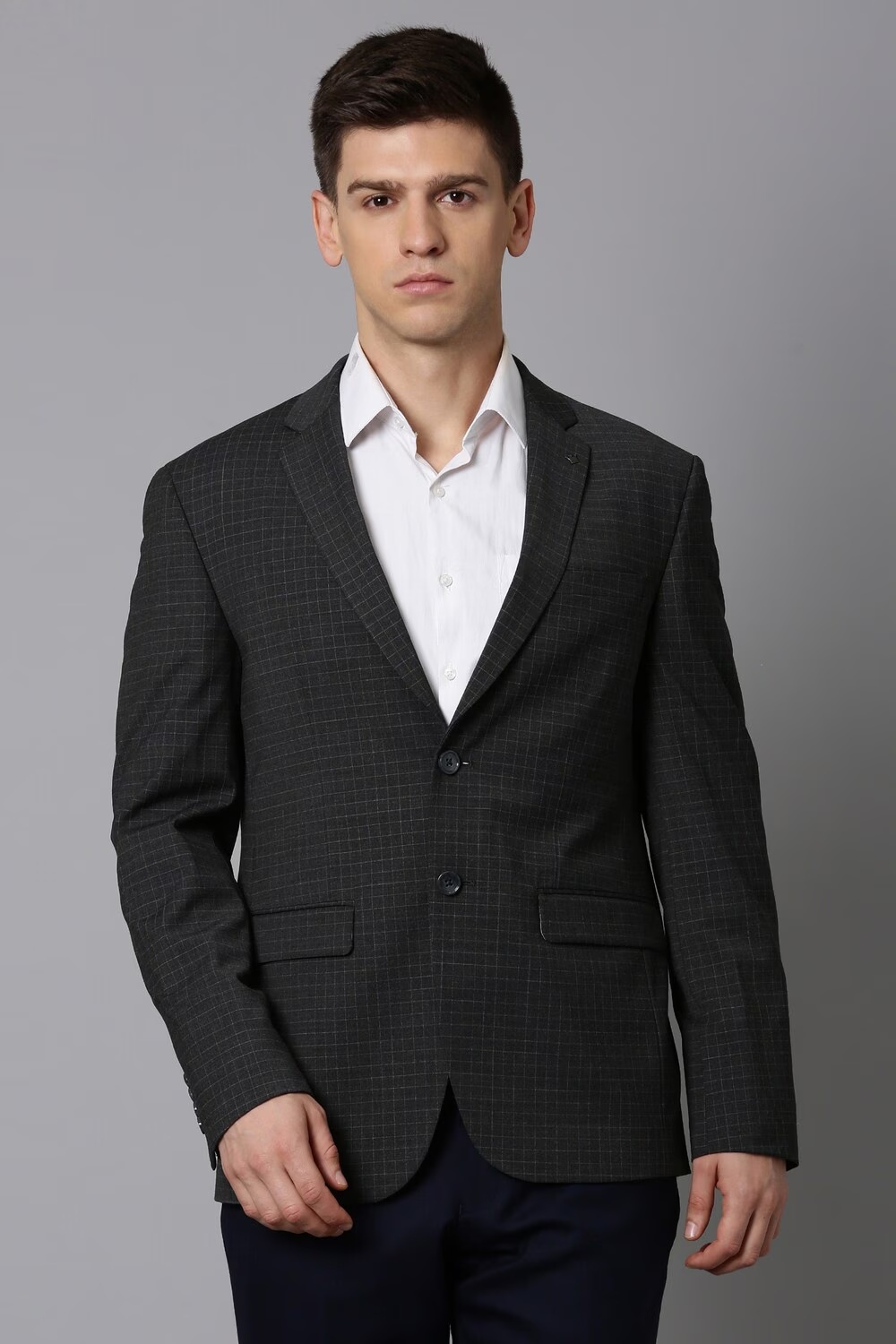 Men Grey Slim Fit Check Formal Blazer-Grey