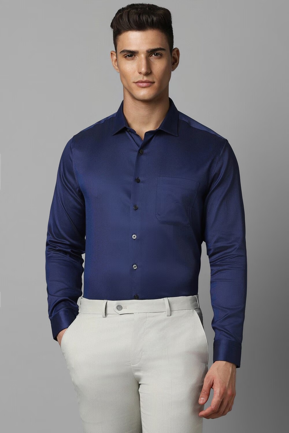 Men Navy Slim Fit Textured Full Sleeves Formal Shirt-Navy