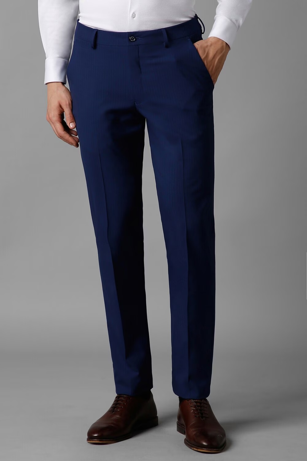 Men Navy Slim Fit Stripe Flat Front Formal Trousers-Navy