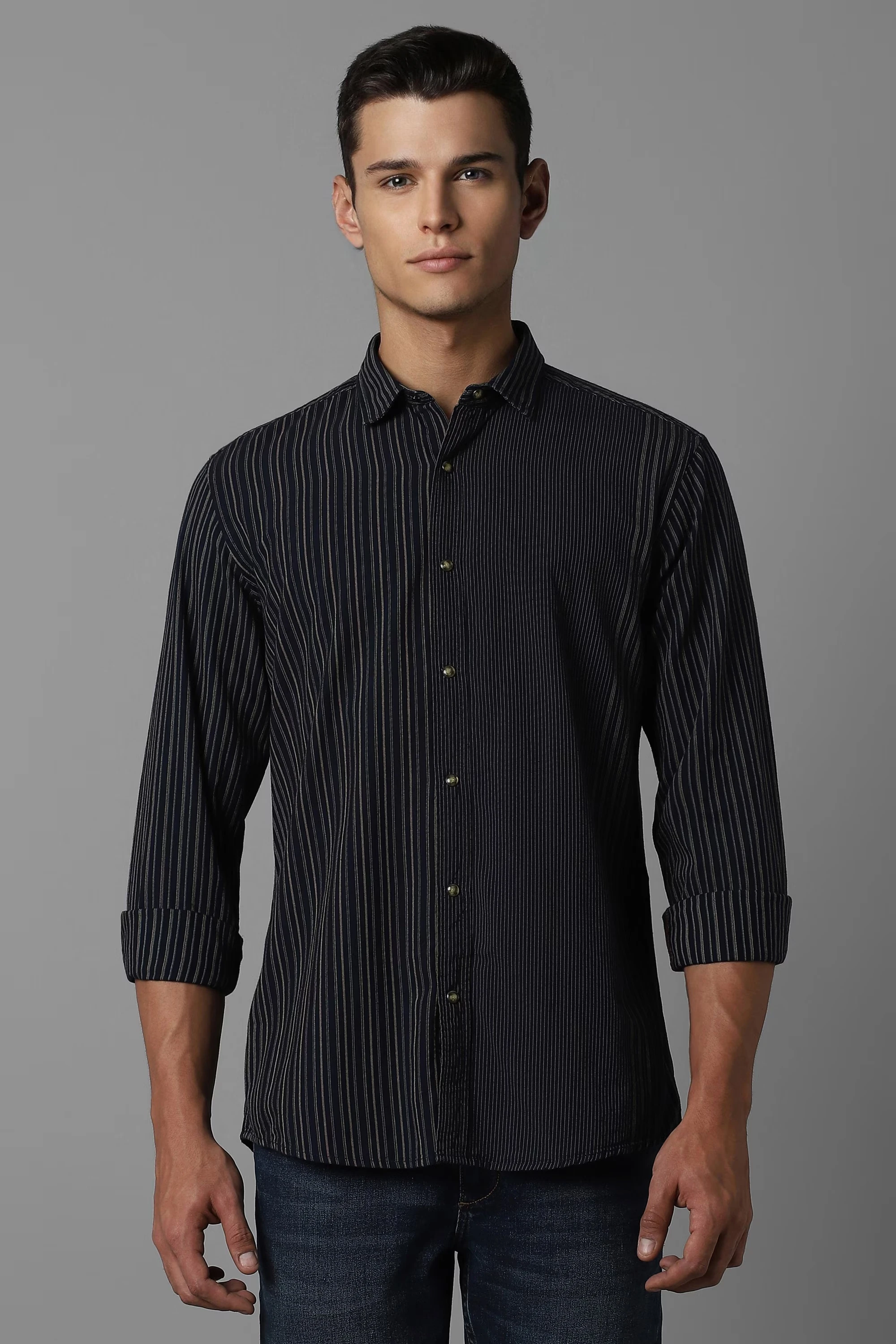 Men Black Slim Fit Stripe Full Sleeves Casual Shirt-Black