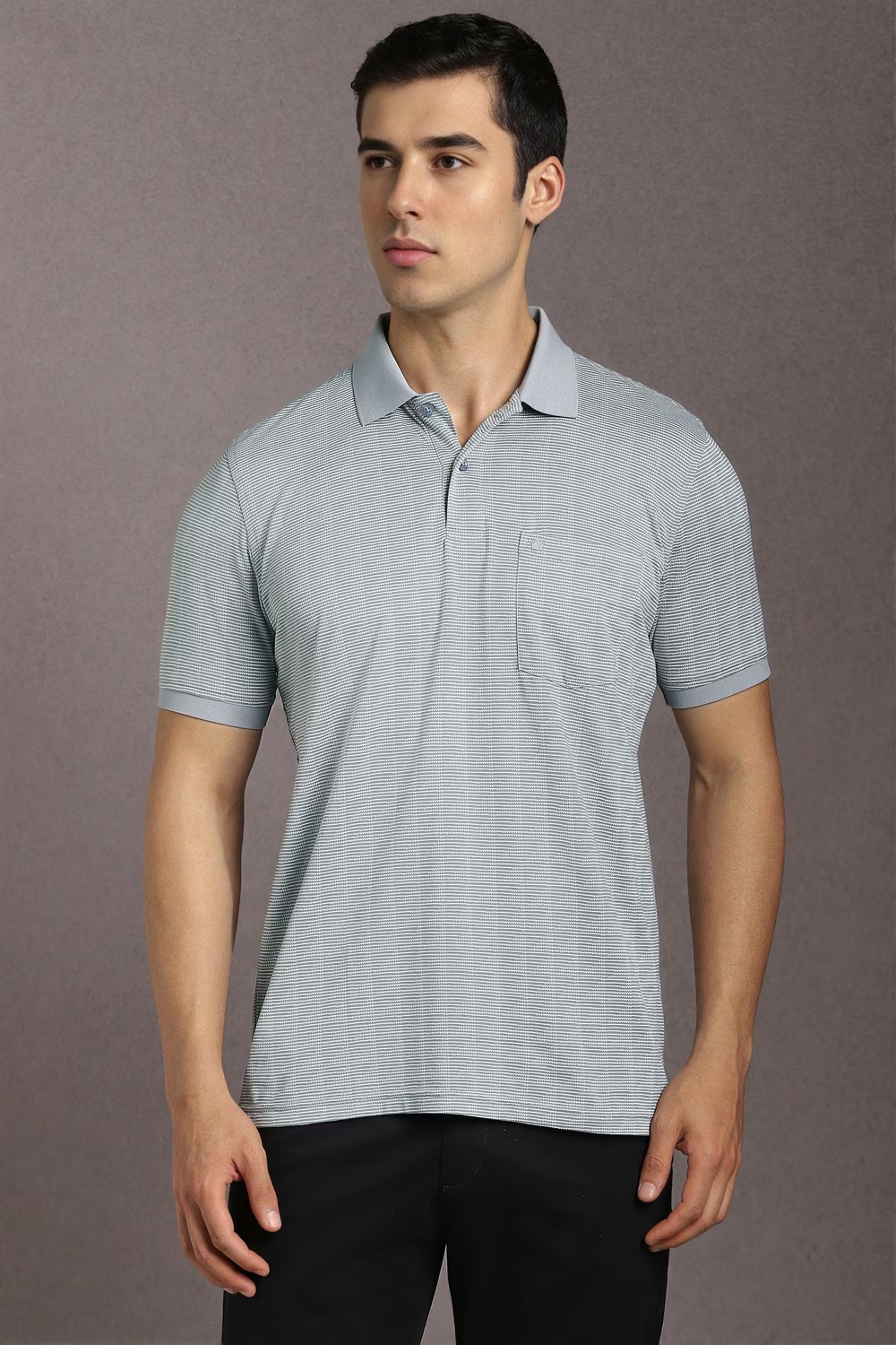Men Grey Textured Polo Neck T-shirt-Grey