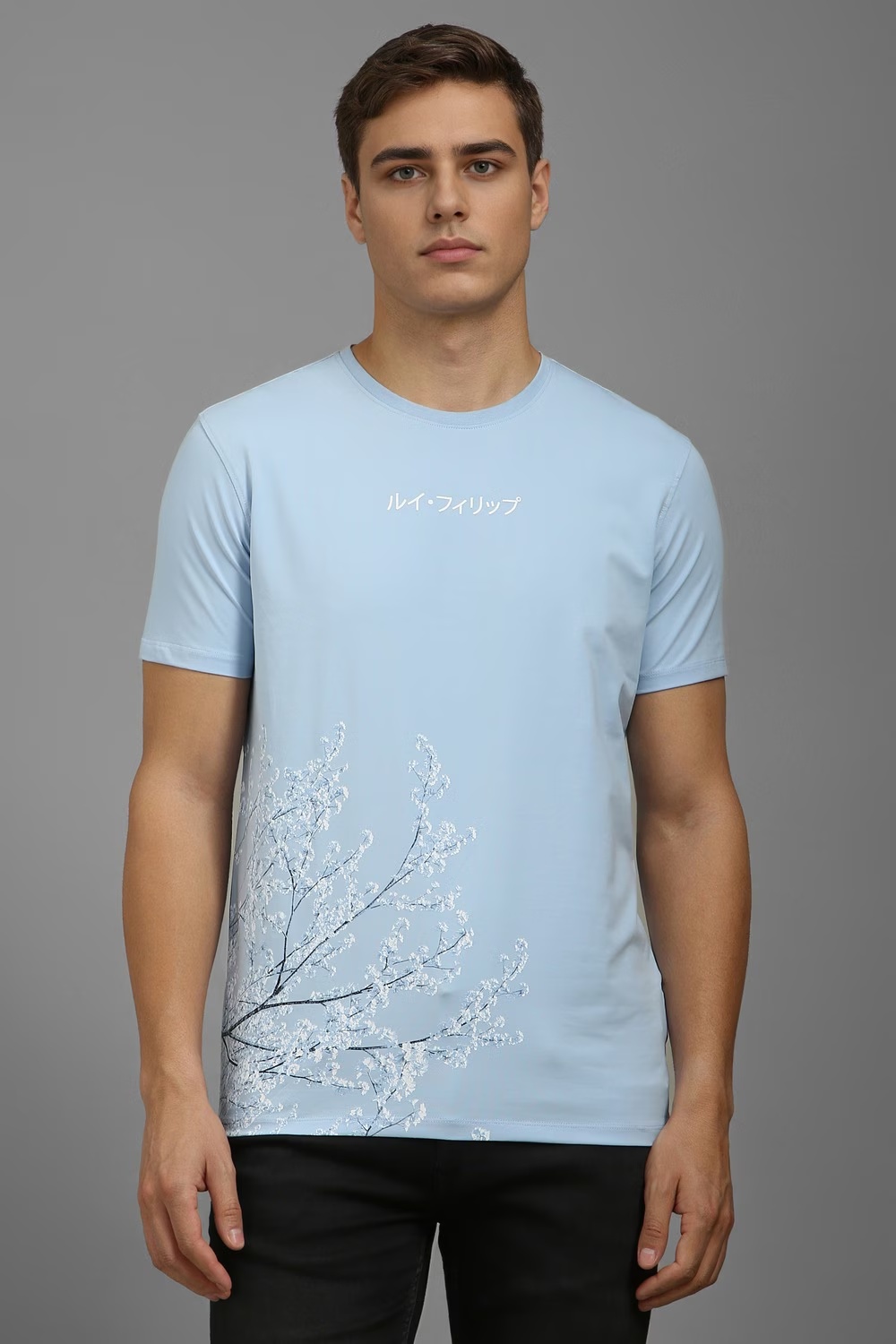 Men Light Blue Print Crew Neck T-shirt-Light Blue