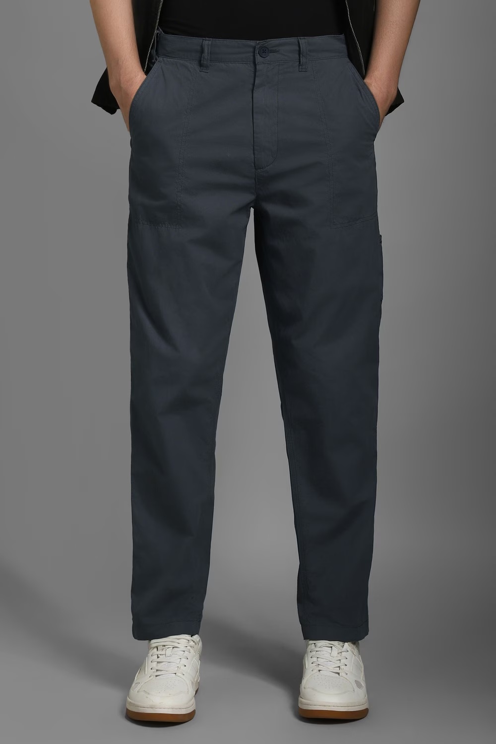 Men Grey Contemporary Fit Solid Flat Front Casual Trousers-Grey