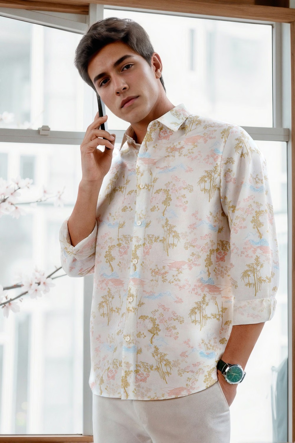 Men White Slim Fit Print Full Sleeves Formal Shirt-White