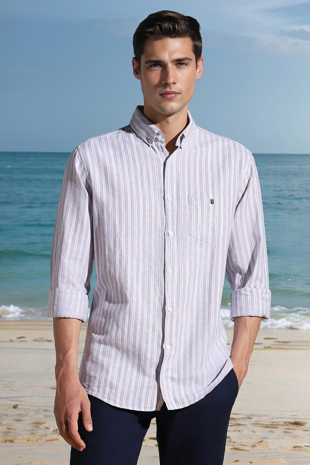 Men Grey Slim Fit Stripe Full Sleeves Casual Shirt-Grey