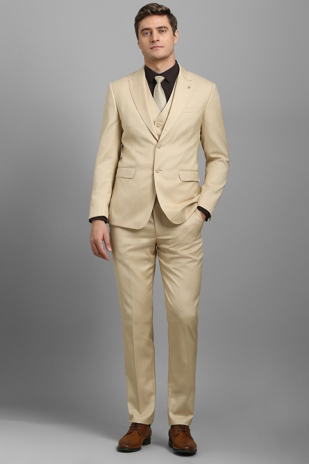 Men Beige Solid Formal Three Piece Suit-Beige