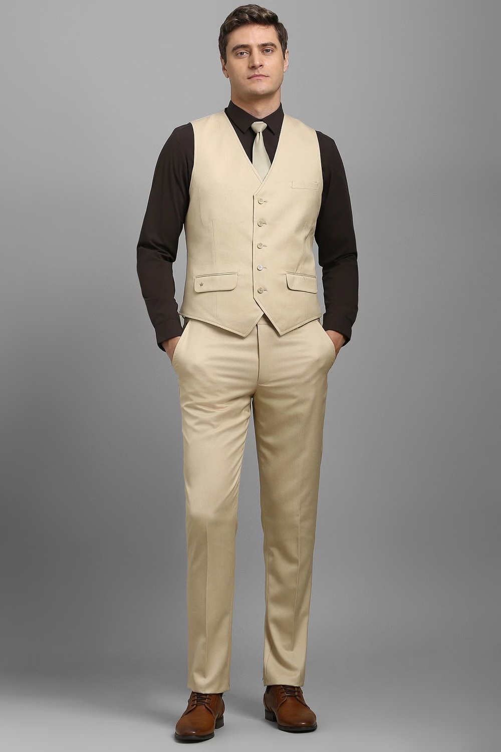 Men Beige Solid Formal Three Piece Suit-Beige