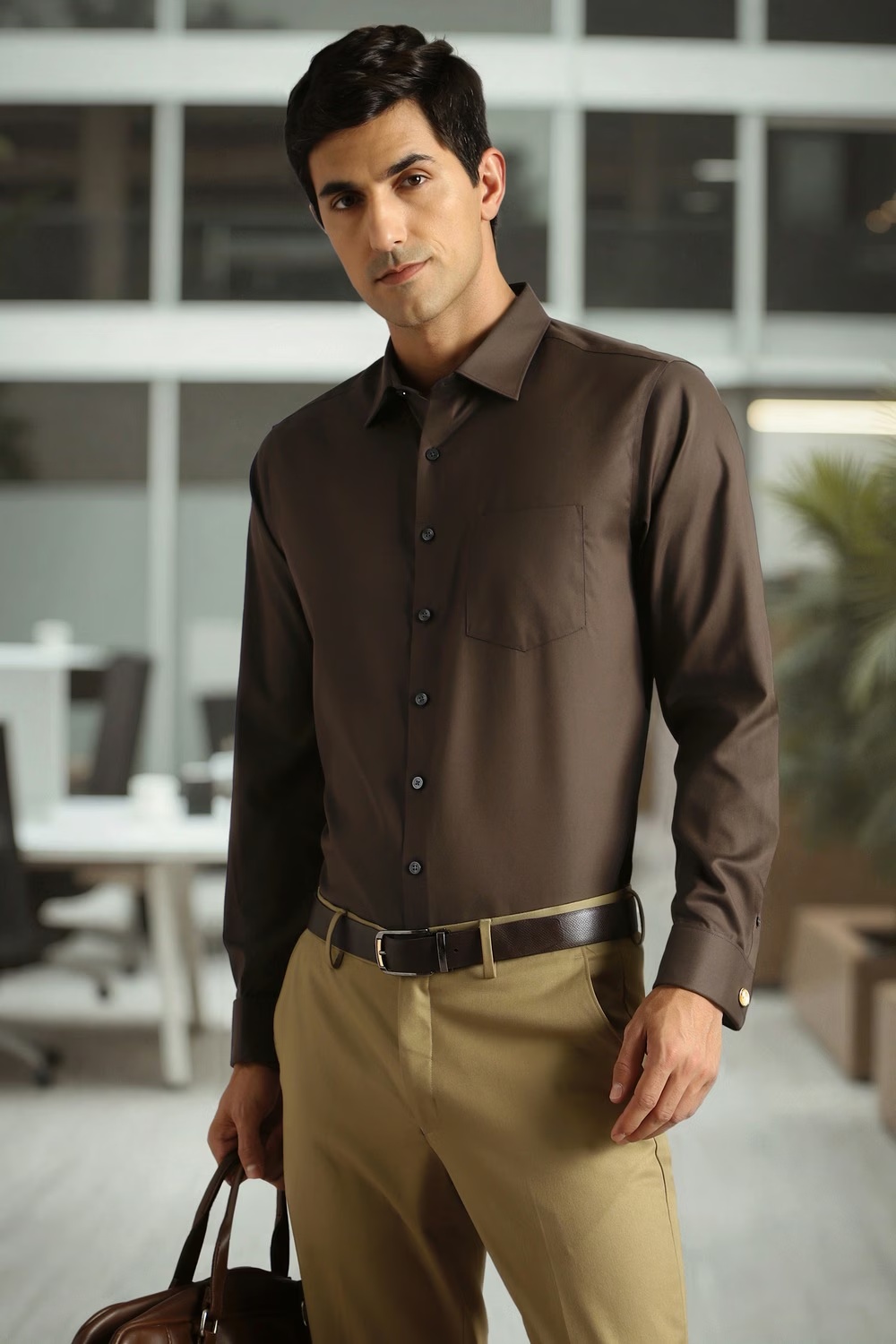 Men Brown Solid Full Sleeves Formal Shirt-Brown