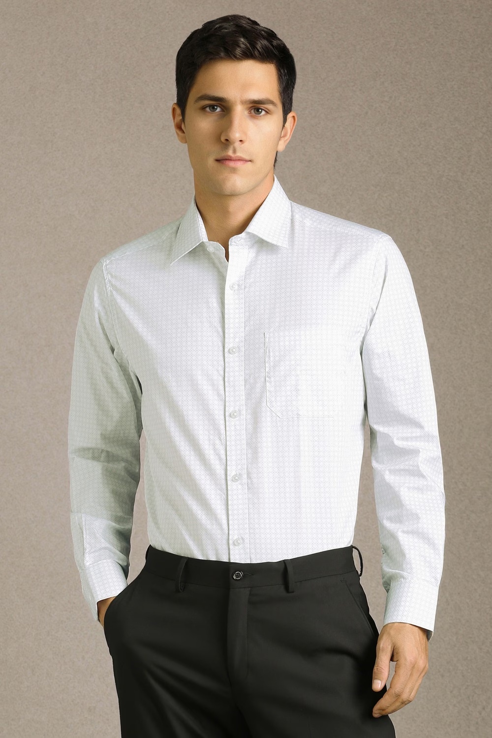Men White Print Full Sleeves Formal Shirt-White