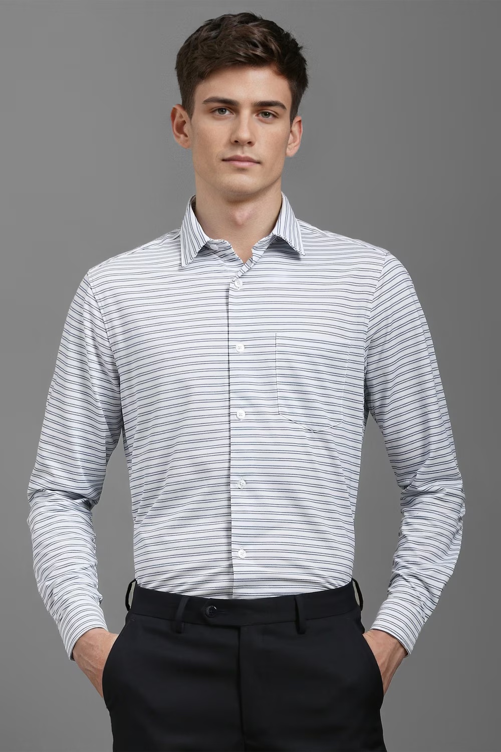 Men White Slim Fit Stripe Full Sleeves Formal Shirt-White