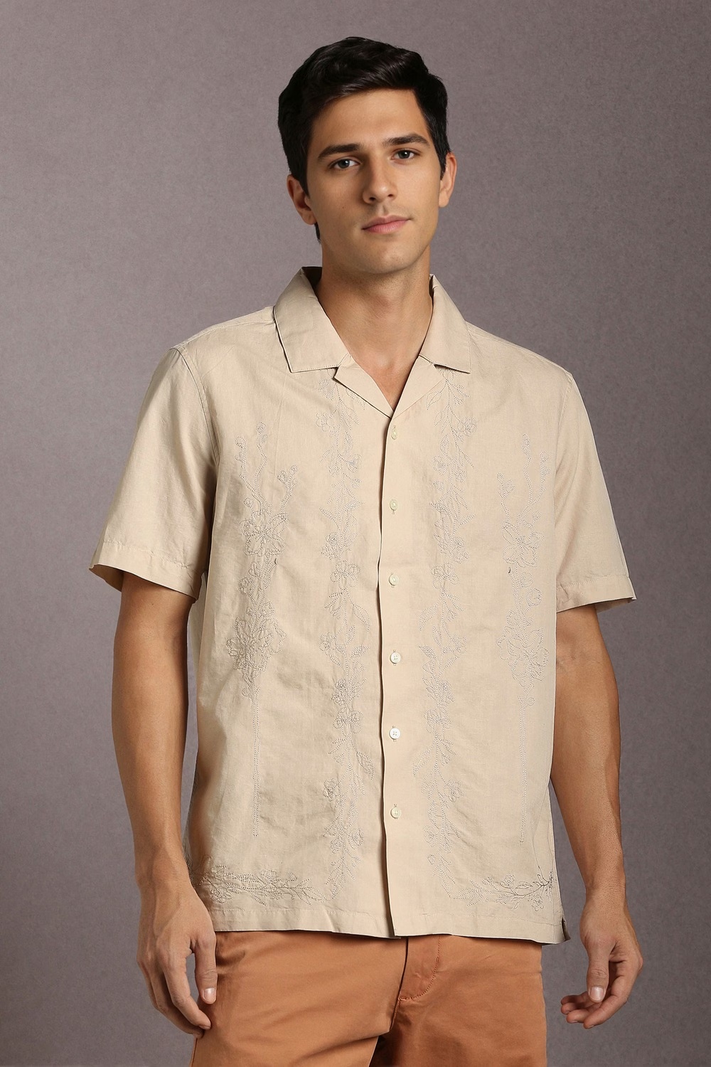 Men Beige Embroidered Half Sleeves Formal Shirt-Beige