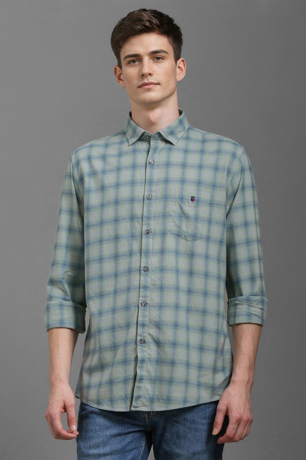 Men Grey Slim Fit Check Full Sleeves Casual Shirt-Grey