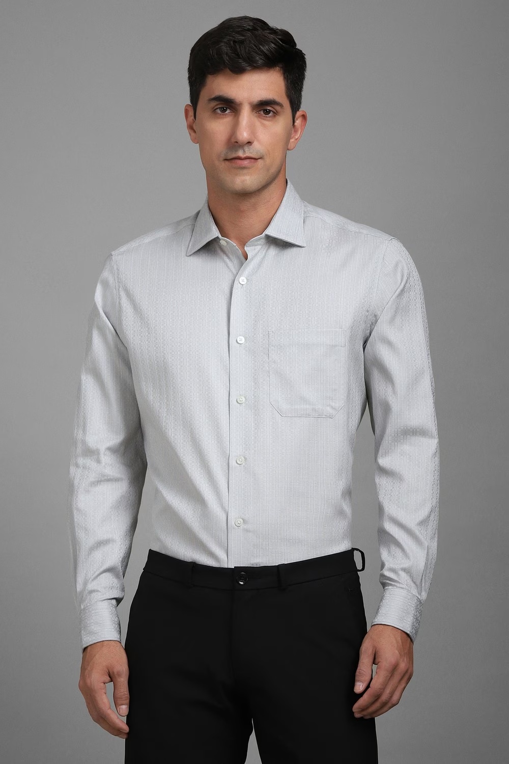 Men Grey Classic Fit Stripe Full Sleeves Formal Shirt-Grey