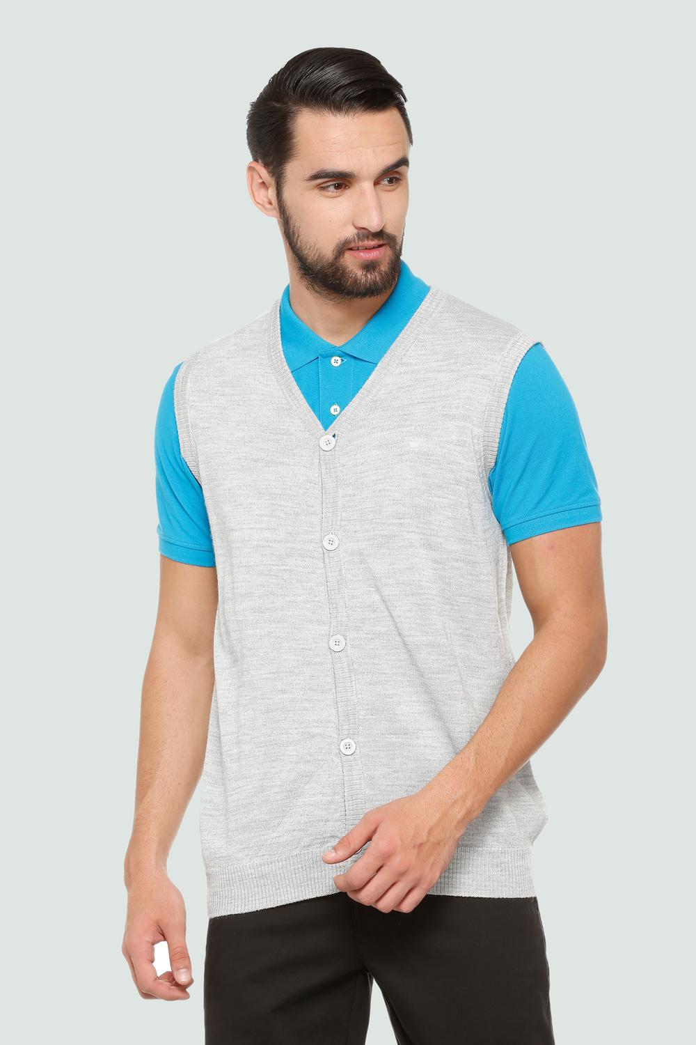 Men Grey Textured V Neck Sleeveless Cardigan-Grey